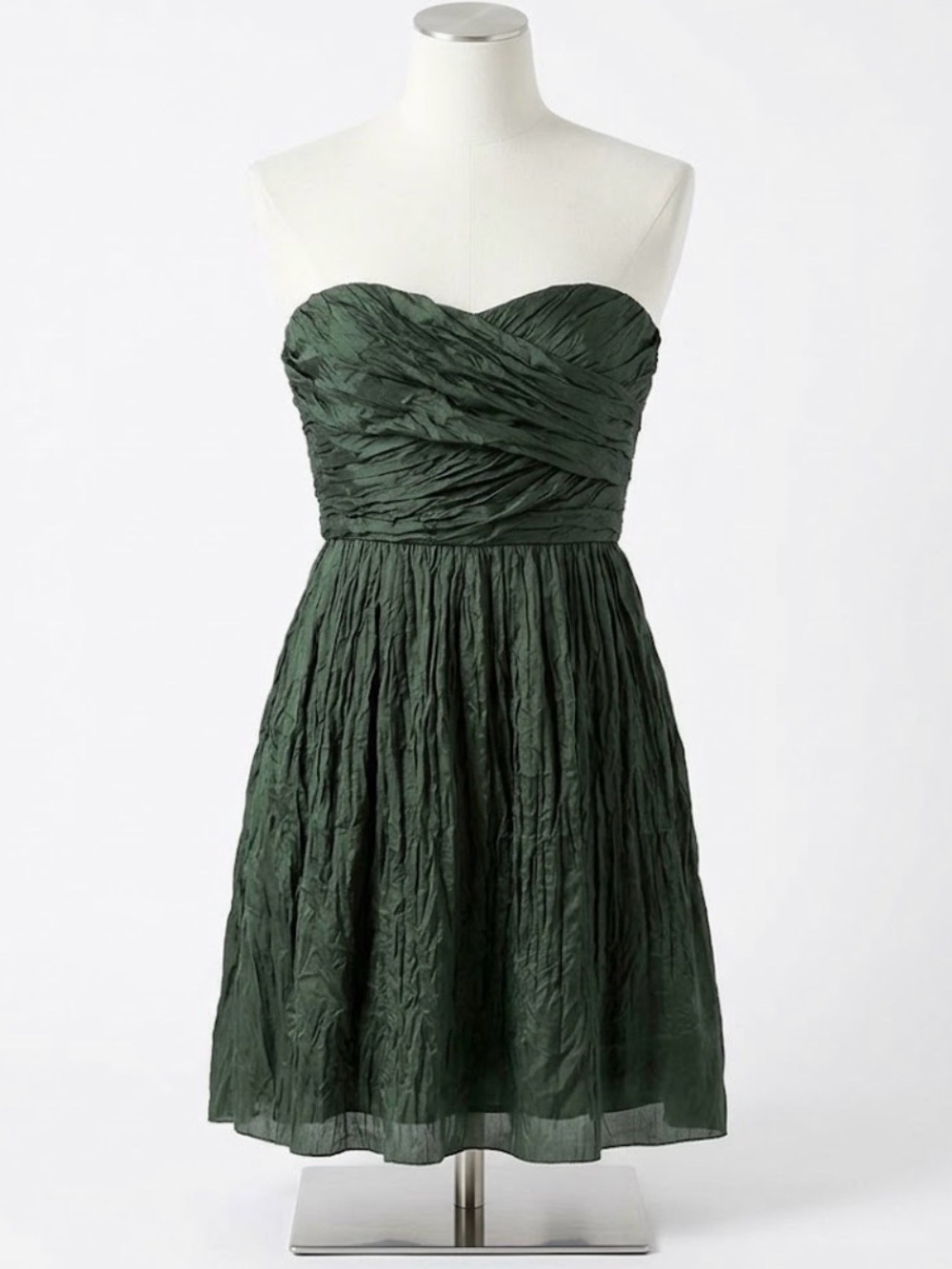 J. Crew 100% Silk Crinkle Strapless Green Cocktail Party Dress Ho…